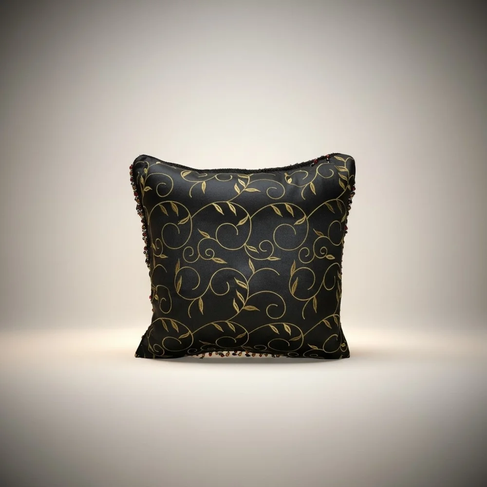 EUC Vintage Regal Noir Gold Embroidered Silk Beaded Accent Pillow